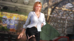 Rule 34 | 1girl, 3d, blonde hair, blue eyes, dead or alive, dead or alive 5, female focus, fishnets, formal, glasses, highres, jewelry, necklace, office lady, official art, shirt, skirt, solo, tecmo, thighhighs, tina armstrong
