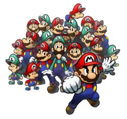 Rule 34 | 6+boys, aged down, aged up, baby, baby luigi, baby mario, boots, brothers, clenched hand, clone, eye contact, facial hair, fighting stance, gloves, hand on shoulder, hat, highres, looking at another, luigi, male focus, mario, mario &amp; luigi rpg, mario (series), multiple boys, mustache, nintendo, official art, partners in time, shoes, siblings, super mario bros. 1, suspenders, time paradox, white background