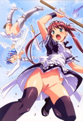 Rule 34 | 2girls, ;p, airi (queen&#039;s blade), arm up, ass, asymmetrical wings, black legwear, blush, boots, breasts, cleft of venus, elbow gloves, flat ass, gloves, green eyes, hair ribbon, highres, kuuchuu yousai, long hair, looking at viewer, maid, maid headdress, multiple girls, nanael (queen&#039;s blade), navel, no panties, nude filter, one eye closed, open mouth, petticoat, pussy, queen&#039;s blade, red hair, ribbon, short hair, sky, sword, thighhighs, thighs, third-party edit, tongue, tongue out, twintails, uncensored, upside-down, upskirt, weapon, wings, wink, wrist cuffs, zettai ryouiki