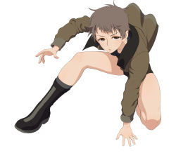 Rule 34 | 1girl, arm support, black footwear, black shirt, black shorts, boots, brown eyes, brown hair, brown jacket, commentary, freckles, full body, girls und panzer, grey socks, half-closed eyes, highres, jacket, long sleeves, looking at viewer, military, military uniform, naomi (girls und panzer), on one knee, open clothes, open jacket, parted lips, saunders military uniform, shirt, short hair, short shorts, shorts, socks, solo, superhero landing, uniform, very short hair, wata do chinkuru