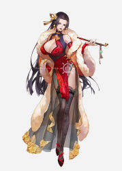 Rule 34 | 1girl, bare shoulders, black footwear, black hair, black thighhighs, blue eyes, boa hancock, breasts, china dress, chinese clothes, cleavage, cleavage cutout, clothing cutout, dress, dywx poison, earrings, full body, hand on own hip, head tilt, highres, holding, huge breasts, jewelry, kiseru, lipstick, long hair, makeup, one piece, pelvic curtain, side slit, simple background, smile, smoking pipe, snake earrings, solo, thighhighs, very long hair
