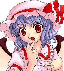 Rule 34 | 1girl, :p, ascot, bat wings, female focus, frills, hat, lowres, mob cap, oekaki, pink hat, purple hair, red eyes, remilia scarlet, short hair, solo, tilm, tongue, tongue out, touhou, upper body, v, white background, wings