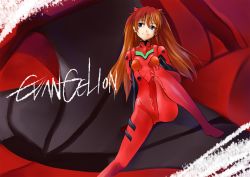 Rule 34 | 1girl, arm support, blue eyes, bodysuit, breasts, brown hair, curvy, eva 02, female focus, hair ornament, hairpods, highres, interface headset, leg up, long hair, looking at viewer, looking away, mecha, neon genesis evangelion, orange hair, plugsuit, red bodysuit, robot, shinkirou (s-k-w), shiny clothes, sitting, skin tight, smile, solo, souryuu asuka langley, spread legs, wide hips