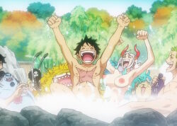 Rule 34 | 1girl, 6+boys, aqua hair, armpits, armps up, black hair, blue sky, breasts, brook (one piece), closed eyes, completely nude, day, furry, green hair, happy, horns, jinbe (one piece), large breasts, long hair, monkey d. luffy, multicolored hair, multiple boys, nipples, nude, one piece, onsen, outdoors, roronoa zoro, sanji (one piece), scar, sharp teeth, sky, steam, teeth, third-party edit, tony tony chopper, tree, white hair, yamato (one piece)