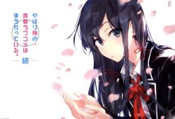 Rule 34 | 10s, 1girl, absurdres, black hair, copyright name, cupping hands, hair ribbon, highres, huge filesize, long hair, looking at viewer, official art, own hands together, petals, ponkan 8, ribbon, scan, school uniform, solo, upper body, white background, yahari ore no seishun lovecome wa machigatteiru., yukinoshita yukino