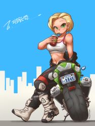 Rule 34 | 1girl, biker clothes, blonde hair, blush, bodysuit, boots, breasts, brotherhood of nod, command &amp; conquer, drink, drinking, drinking straw, green eyes, hot, large breasts, midriff, motor vehicle, motorcycle, navel, nestkeeper, off shoulder, original, short hair, solo, sports bra, sweat, unzipped, vehicle