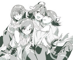 Rule 34 | 10s, 4girls, ;d, cheek-to-cheek, detached sleeves, fuku (pukuyan), glasses, greyscale, hairband, haruna (kancolle), heads together, hiei (kancolle), kantai collection, kirishima (kancolle), kongou (kancolle), monochrome, multiple girls, nontraditional miko, one eye closed, open mouth, smile, thighhighs