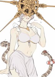 1girl animal bare_shoulders bikini blush breasts dark_souls_(series) dark_souls_i dark_sun_gwyndolin genderswap genderswap_(mtf) gold_headwear grey_hair hat helmet highres innertube navel short_hair simple_background snake solo spiked_helmet spiked_necklace stomach swim_ring swimsuit white_background white_bikini zunkome