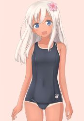 Rule 34 | 1girl, absurdres, bare arms, bare shoulders, blue eyes, blush, cameltoe, collarbone, cowboy shot, flat chest, flower, gluteal fold, hair flower, hair ornament, highres, kantai collection, long hair, looking at viewer, one-piece swimsuit, one-piece tan, open mouth, ro-500 (kancolle), school swimsuit, simple background, smile, solo, swimsuit, takafumi, tan, tanline, white background, white hair