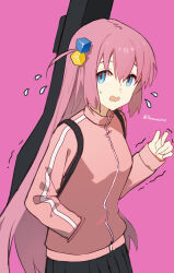 Rule 34 | 1girl, black skirt, blue eyes, bocchi the rock!, commentary, cube hair ornament, flying sweatdrops, gotoh hitori, hair between eyes, hair ornament, hanamoto410, hand in pocket, highres, instrument case, jacket, long hair, long sleeves, one side up, open mouth, pink background, pink hair, pink jacket, pleated skirt, simple background, skirt, solo, track jacket, twitter username, upper body