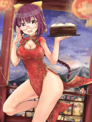 Rule 34 | 10s, 1girl, alternate costume, alternate hairstyle, badariki, baozi, bespectacled, braid, breasts, brown eyes, china dress, chinese clothes, cleavage, cleavage cutout, clothing cutout, dress, food, glasses, kamikaze (kancolle), kantai collection, large breasts, long hair, purple hair, red-framed eyewear, side slit, single braid, solo, standing, standing on one leg, under-rim glesses