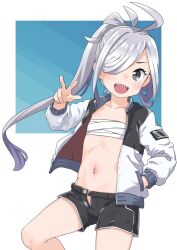 Rule 34 | 1girl, ahoge, alternate costume, asashimo (kancolle), black shorts, flat chest, grey eyes, grey hair, hair over one eye, hand in pocket, jacket, kantai collection, long hair, multicolored clothes, multicolored hair, multicolored jacket, nassukun, navel, open clothes, open fly, open jacket, ponytail, sarashi, sharp teeth, shorts, solo, teeth, two-tone jacket, white jacket