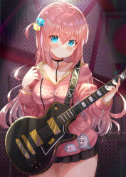 Rule 34 | 1girl, between breasts, blue eyes, blush, bocchi the rock!, breasts, chain-link fence, cleavage, closed mouth, collarbone, commentary request, cube hair ornament, electric guitar, fence, guitar, hair between eyes, hair ornament, highres, instrument, long hair, looking at viewer, medium breasts, pink hair, solo, xephonia