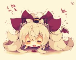 Rule 34 | 1girl, :o, = =, azur lane, black dress, blood, blush, chibi, closed eyes, dress, facing viewer, fang, hair between eyes, hair ribbon, lying, muuran, on stomach, open mouth, outstretched arms, red ribbon, red wings, ribbon, signature, silver hair, solo, sweat, translated, trembling, twintails, vampire (azur lane), wings
