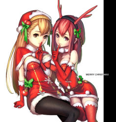 Rule 34 | 2girls, antlers, bad id, bad pixiv id, bare shoulders, between breasts, black legwear, blonde hair, breast press, breasts, brown eyes, capelet, choker, christmas, christmas ornaments, cleavage, dress, finger to mouth, gloves, hat, horns, lamchun (2006), long hair, merry christmas, multiple girls, original, pantyhose, parted lips, purple eyes, red gloves, red hair, red legwear, reindeer antlers, ribbon, santa costume, santa hat, shiny clothes, shushing, simple background, sitting, smile, standing, teeth, thighhighs, white background