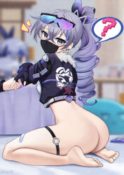Rule 34 | 1girl, ?, absurdres, ass, bandaid, bandaid on leg, barefoot, black gloves, black jacket, black mask, blurry, blurry background, bottomless, cropped jacket, drill hair, eyewear on head, fingerless gloves, from side, gloves, grey eyes, highres, honkai: star rail, honkai (series), jacket, leaning forward, long hair, looking at viewer, mask, mouth mask, nassss, ponytail, purple hair, silver wolf (honkai: star rail), sitting, solo, spoken question mark, sunglasses, thigh strap, thighs, wariza