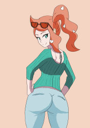 Rule 34 | 1girl, absurdres, artist request, ass, blush, breasts, creatures (company), from behind, game freak, glasses, green eyes, highres, huge ass, long hair, looking at viewer, looking back, nintendo, orange hair, pants, pokemon, pokemon swsh, ponytail, shirt, sideboob, smile, solo, sonia (pokemon)