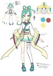 Rule 34 | 1girl, alternate costume, arrow (symbol), bow, closed mouth, color guide, commentary request, creatures (company), eyelashes, full body, game freak, gen 3 pokemon, green eyes, green footwear, green hair, hair ornament, japanese clothes, jirachi, kimono, legendary pokemon, lisia (pokemon), multiple views, mythical pokemon, nintendo, pokemon, pokemon (creature), pokemon oras, reference inset, shoes, sidelocks, single thighhigh, skirt, split mouth, ssn (sasa8u9r), thigh strap, thighhighs, translation request, white background, white kimono, white thighhighs, wide sleeves, yellow bow