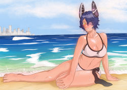 Rule 34 | 10s, 1girl, beach, bikini, bluphoenix, blush, breasts, city, cloud, collarbone, eyepatch, grin, headgear, kantai collection, large breasts, looking at viewer, necktie, ocean, purple hair, short hair, smile, solo, sparkle, sweat, swimsuit, tenryuu (kancolle), yellow eyes