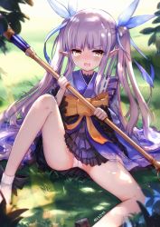 Rule 34 | 1girl, black skirt, blue kimono, blue ribbon, blush, brown eyes, commentary request, day, hair ribbon, holding, holding staff, japanese clothes, kimono, knee up, kyoka (princess connect!), long hair, long sleeves, looking at viewer, nekoya (liu), nose blush, on grass, open mouth, outdoors, panties, pleated skirt, pointy ears, princess connect!, purple hair, ribbon, ribbon trim, sidelocks, sitting, skirt, socks, solo, staff, sweat, twintails, underwear, v-shaped eyebrows, very long hair, white panties, white socks, wide sleeves