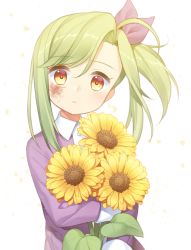 Rule 34 | 1girl, bow, brown eyes, burn scar, commentary, dress, facial scar, flower, gradient eyes, green hair, hair bow, highres, holding, holding flower, jenevan, leaf, looking at viewer, medium hair, multicolored eyes, original, parted lips, petals, purple dress, scar, scar on cheek, scar on face, solo, sunflower, white background, yellow eyes