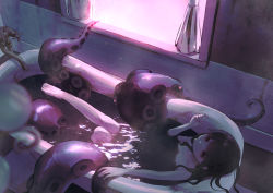 Rule 34 | 1girl, bathing, bathroom, bathtub, black hair, breasts, expressionless, faucet, female focus, highres, icochiya (icochiya1414), monster girl, original, partially submerged, small breasts, solo, suction cups, tentacles, window