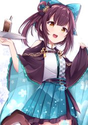 Rule 34 | 1girl, acchii (akina), aqua skirt, bashamichi hagemi, black capelet, breasts, capelet, clothing cutout, cup, drinking straw, hair behind ear, hair rings, highres, holding, holding tray, indie virtual youtuber, shirt, shirt tucked in, shoulder cutout, side ponytail, skirt, small breasts, smile, solo, tray, virtual youtuber, white shirt, yellow eyes