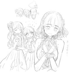 3girls :d ^_^ blunt_bangs blush blush_visible_through_hair braid cerise_bouquet closed_eyes closed_mouth commentary crossed_bangs dress frilled_dress frilled_gloves frills gloves greyscale happy_aura head_steam hinoshita_kaho link!_like!_love_live! link_to_the_future_(love_live!) long_hair love_live! medium_hair momose_ginko monochrome multiple_girls multiple_views official_alternate_costume official_alternate_hairstyle open_mouth otomune_kozue outstretched_arms short_hair side_braids side_ponytail sidelocks sleeveless sleeveless_dress smile spread_arms translation_request uo_(wotakana_p) virtual_youtuber