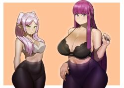 Rule 34 | 1girl, 2girls, absurdres, alternate breast size, alternate costume, bare shoulders, black bra, blunt bangs, bra, breasts, contemporary, doublehero, drop earrings, earrings, elf, fern (sousou no frieren), frieren, height difference, highres, jewelry, large breasts, long hair, looking at viewer, medium breasts, multiple girls, pants, parted bangs, pointy ears, purple eyes, purple hair, sousou no frieren, straight hair, tight clothes, tight pants, twintails, underwear, white bra, yoga pants