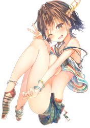 Rule 34 | 10s, 1girl, ;d, ankle socks, bead bracelet, beads, blush, bracelet, breasts, brown eyes, brown hair, camisole, clothes lift, feet, full body, hiei (kancolle), hiei kai ni (kancolle), jewelry, kantai collection, knees up, large breasts, looking at viewer, matching hair/eyes, no shoes, one eye closed, open mouth, shirt lift, short hair, short shorts, shorts, simple background, smile, socks, solo, strap slip, striped clothes, striped socks, sune (mugendai), suneo, teeth, v, white background, wristband