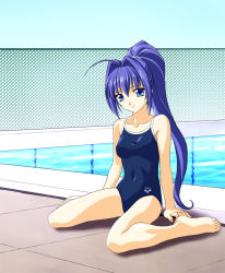 Rule 34 | 00s, 1girl, arm support, barefoot, blue eyes, blue hair, chain-link fence, competition school swimsuit, feet, fence, hair intakes, hayase mitsuki, high ponytail, kimi ga nozomu eien, long hair, looking at viewer, matching hair/eyes, norizou type-r, one-piece swimsuit, pool, poolside, school swimsuit, sitting, solo, swimsuit, wariza