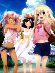 Rule 34 | 3girls, :d, absurdres, armpits, asymmetrical bangs, black hair, blonde hair, blue sky, breasts, brown eyes, chloe von einzbern, cleavage, contrapposto, dark-skinned female, dark skin, day, dress, dress tug, fate/kaleid liner prisma illya, fate (series), fingernails, flower, hair between eyes, hair ornament, hairclip, hand on headwear, hat, hat flower, highres, illyasviel von einzbern, long fingernails, long hair, midriff, miyu edelfelt, multiple girls, navel, official art, one side up, open mouth, outdoors, pink hair, pointing, pointing at viewer, red eyes, scan, shirt, short shorts, shorts, skirt, sky, small breasts, smile, standing, stretching, sun hat, sundress, tied shirt, white dress
