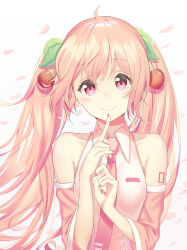 Rule 34 | 1girl, bare shoulders, bib (bibboss39), blush, cherry hair ornament, closed mouth, collarbone, detached sleeves, finger to mouth, food-themed hair ornament, hair ornament, hatsune miku, highres, index finger raised, long hair, looking at viewer, nail polish, necktie, petals, pink eyes, pink hair, pink nails, pink necktie, sakura miku, smile, solo, twintails, upper body, vocaloid