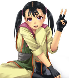 Rule 34 | 1girl, :d, bad id, bad pixiv id, black hair, blush, chiko (kanhogo), chunsoft, dragon quest, dragon quest iii, enix, fighter (dq3), fingerless gloves, gloves, open mouth, purple eyes, smile, solo, twintails, v