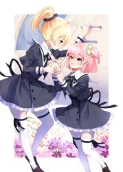 Rule 34 | 2girls, amahara nue, andou tazusa, arm up, assault lily, black ribbon, black skirt, blonde hair, blush, border, brown footwear, buttons, closed mouth, clover hair ornament, commentary, cropped jacket, eye contact, feet out of frame, floral background, flower, four-leaf clover hair ornament, frilled skirt, frills, furoshiki, giving, hair between eyes, hair ornament, hair ribbon, hand up, hands up, heel up, high-waist skirt, highres, hitotsuyanagi riri, holding bento, jewelry, juliet sleeves, ladder, leg ribbon, loafers, long sleeves, looking at another, looking down, looking up, miniskirt, multiple girls, one side up, open mouth, outside border, pink eyes, ponytail, profile, puffy sleeves, purple flower, purple ribbon, red flower, ribbon, ring, school uniform, shirt, shoes, short hair, skirt, standing, striped ribbon, symbol-only commentary, teeth, thigh ribbon, thighhighs, upper teeth only, white border, white shirt, white thighhighs, wrapped bento, yurigaoka girls academy school uniform, zettai ryouiki
