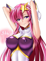 Rule 34 | 00s, 1girl, armpits, arms behind head, arms up, blue eyes, blush, breasts, covered erect nipples, female focus, gloves, gundam, gundam seed, gundam seed destiny, hair ornament, large breasts, leotard, long hair, looking at viewer, meer campbell, pink hair, sen (sansui), skin tight, smile, solo, star (symbol), star hair ornament, upper body