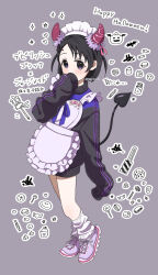 Rule 34 | 1girl, animal ears, apron, bare legs, black hair, black jacket, blush, covering own mouth, demon horns, demon tail, fake animal ears, frilled apron, frills, full body, happy halloween, highres, horns, idolmaster, idolmaster cinderella girls, jacket, jersey maid, looking at viewer, loose socks, maid, maid apron, maid headdress, megabee e, name tag, no pants, oversized clothes, purple apron, purple socks, sasaki chie, shoes, short hair, simple background, sleeves past fingers, sleeves past wrists, sneakers, socks, solo, tail, track jacket, translation request, unconventional maid