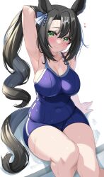 Rule 34 | 1girl, animal ears, arm behind head, black hair, blue one-piece swimsuit, blush, breasts, cleavage, closed mouth, commentary request, covered navel, green eyes, highres, horse ears, horse girl, horse tail, kibihimi, large breasts, long hair, looking at viewer, one-piece swimsuit, satono crown (umamusume), side ponytail, simple background, sitting, smile, solo, swimsuit, tail, thighs, tracen swimsuit, umamusume, wet, wet clothes, wet swimsuit, white background