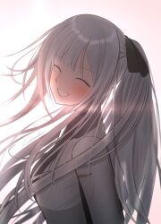 Rule 34 | 1girl, ak-12 (girls&#039; frontline), artist name, blush, braid, breasts, closed eyes, french braid, gincho, girls&#039; frontline, grey hair, hair ribbon, highres, jacket, long hair, long sleeves, medium breasts, open mouth, ponytail, ribbon, simple background, smile, solo, upper body, white jacket