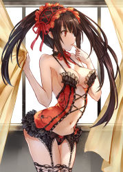 Rule 34 | 1girl, arched back, asle, bare arms, bare shoulders, black hair, black hairband, black panties, black thighhighs, bow, bow panties, breasts, collarbone, commentary request, curtain grab, curtains, date a live, finger to mouth, frilled hairband, frills, garter belt, hair between eyes, hairband, indoors, lolita hairband, long hair, looking away, medium breasts, navel, panties, red eyes, solo, thighhighs, tokisaki kurumi, tongue, tongue out, transparent, twintails, underwear, underwear only, uneven twintails, very long hair, window