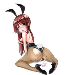 Rule 34 | 1girl, animal ears, ass, blue eyes, blush, breasts, eyebrows, fake animal ears, female focus, hair between eyes, high heels, leotard, monte (koupin), nipples, playboy bunny, rabbit ears, rabbit tail, sex toy, solo, tail, torn clothes, vibrator