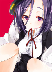 Rule 34 | 1girl, artist request, coat, halo, kantai collection, mechanical halo, mouth hold, purple eyes, purple hair, purple shirt, red ribbon, ribbon, ribbon in mouth, shirt, short hair, simple background, solo, tatsuta (kancolle), unbuttoned, unbuttoned shirt, white coat, white shirt