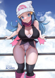 Rule 34 | 1girl, :o, achromaru, against railing, artist name, bare hips, bare shoulders, beanie, black shirt, blue eyes, blue hair, blue nails, blue sky, blush, boots, breasts, cameltoe, cleavage, creatures (company), curvy, dawn (pokemon), game freak, hat, highleg, highleg leotard, highres, knee boots, large breasts, leaning forward, leotard, leotard under clothes, long hair, looking at viewer, nail polish, nintendo, outdoors, panties, pokemon, pokemon dppt, railing, red scarf, scarf, shirt, skindentation, sky, sleeveless, sleeveless shirt, solo, thigh gap, thighhighs, underwear, white hat, wide hips