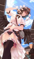 Rule 34 | 1girl, 2boys, architecture, arm up, bag, bald, bird wings, black bow, black panties, black skirt, black thighhighs, blue sky, blush, bow, bow panties, breasts, brown hair, buttons, closed mouth, clothes lift, commentary request, covering another&#039;s eyes, east asian architecture, feathered wings, fingernails, frilled skirt, frills, from below, hat, highres, index finger raised, kagami toufu, large breasts, lifted by self, looking to the side, multiple boys, navel, newspaper, open mouth, panties, pocket, pointing, pointing at another, pom pom (clothes), puffy short sleeves, puffy sleeves, red bow, red headwear, ribbon-trimmed legwear, ribbon-trimmed skirt, ribbon trim, shameimaru aya, shirt, short hair, short sleeves, skirt, skirt lift, sky, smile, standing, stomach, strap, sweatdrop, tassel, thighhighs, tokin hat, touhou, underwear, wings