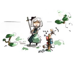 Rule 34 | 1girl, bad id, bad pixiv id, blood, blood in mouth, character request, closed eyes, female focus, grass, hat, hat ribbon, konpaku youmu, open mouth, puffy sleeves, ribbon, saku (osake love), short hair, short sleeves, solo, sword, touhou, tree, weapon, what, white hair
