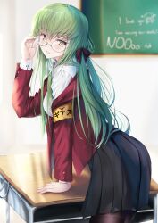 Rule 34 | 1girl, absurdres, adjusting eyewear, alternate costume, arm rest, armband, ass, azur lane, bespectacled, black bow, black pantyhose, black skirt, blazer, bow, breasts, budgiepon, buttoned cuffs, buttons, c.c., chalkboard, code geass, commentary request, copyright name, cosplay, cowboy shot, desk, english text, from side, glasses, green hair, grey-framed eyewear, hair bow, highres, indoors, jacket, jacket partially removed, leaning, long hair, long sleeves, looking at viewer, medium breasts, open clothes, open jacket, pantyhose, parted lips, pleated skirt, red jacket, round eyewear, school desk, semi-rimless eyewear, shirt, skirt, solo, taihou (azur lane), taihou (azur lane) (cosplay), taihou (sweet time after school) (azur lane), under-rim eyewear, white shirt, yellow armband, yellow eyes