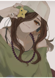 Rule 34 | 1girl, :3, absurdres, border, brown eyes, brown hair, closed mouth, gaen izuko, green shirt, hair over one eye, highres, holding, huge filesize, izu lemon, jewelry, letterboxed, long hair, long sleeves, looking at viewer, monogatari (series), necklace, off-shoulder shirt, off shoulder, ring, shirt, signature, smile, solo, upper body, white border
