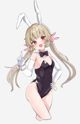 Rule 34 | 1girl, alternate costume, alternate hairstyle, animal ears, bare legs, blunt bangs, breasts, brown hair, detached sleeves, fake animal ears, gloves, groin, hair ornament, highres, kaito (kaito921125), leotard, looking at viewer, low twintails, natori sana, playboy bunny, red eyes, sana channel, simple background, small breasts, solo, twintails, virtual youtuber, white background