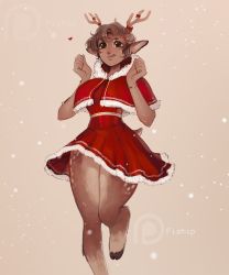 Rule 34 | 1girl, :q, absurdres, animal ears, animal feet, animal nose, antlers, artist name, bracelet, brown eyes, brown hair, capelet, commentary, dark-skinned female, dark skin, deer antlers, deer ears, deer girl, deer tail, dress, english commentary, fur-trimmed capelet, fur-trimmed dress, fur trim, furry, furry female, hand up, heart, highres, hood, hood down, hooded capelet, hooves, horns, jewelry, matilda fiship, original, red capelet, red dress, santa costume, satyr, short hair, simple background, solo, standing, standing on one leg, tail, tongue, tongue out, watermark