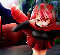 Rule 34 | 1girl, :o, blouse, blurry, bow, bridge, cape, depth of field, full moon, hair bow, hand on own face, kaisenpurin, leaning forward, light trail, long sleeves, looking at viewer, moon, night, outdoors, pleated skirt, red eyes, red hair, red moon, sekibanki, shirt, short hair, skirt, solo, touhou, v, willow
